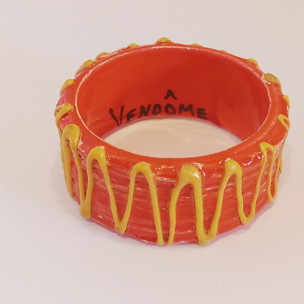 Signed VTG 50’s VENDOME Candy Line PINK CORAL YELLOW Lucite Bangle Bracelet READ